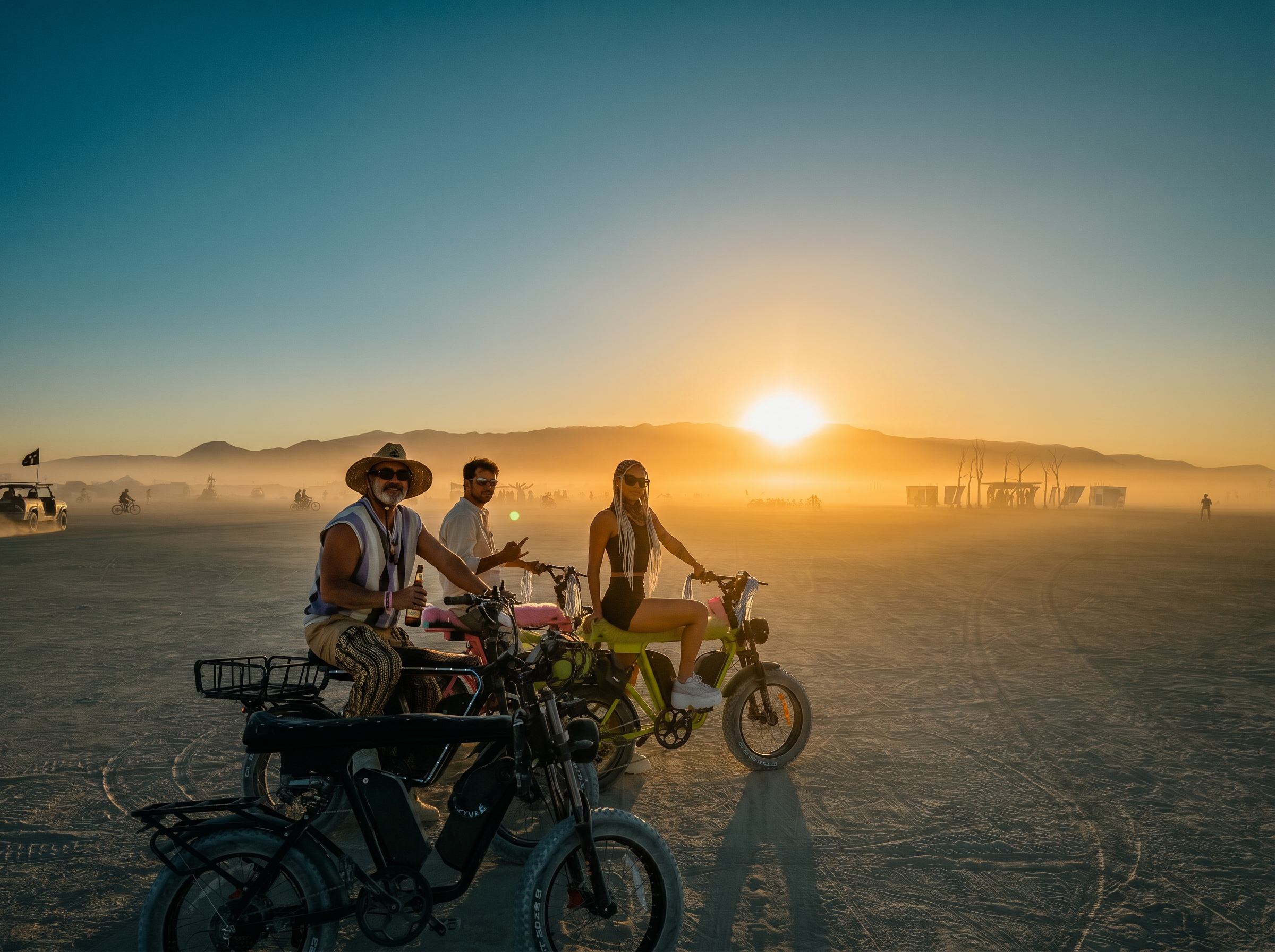 DUST riders on neon and Hot Pink eBikes at sunset in the desert